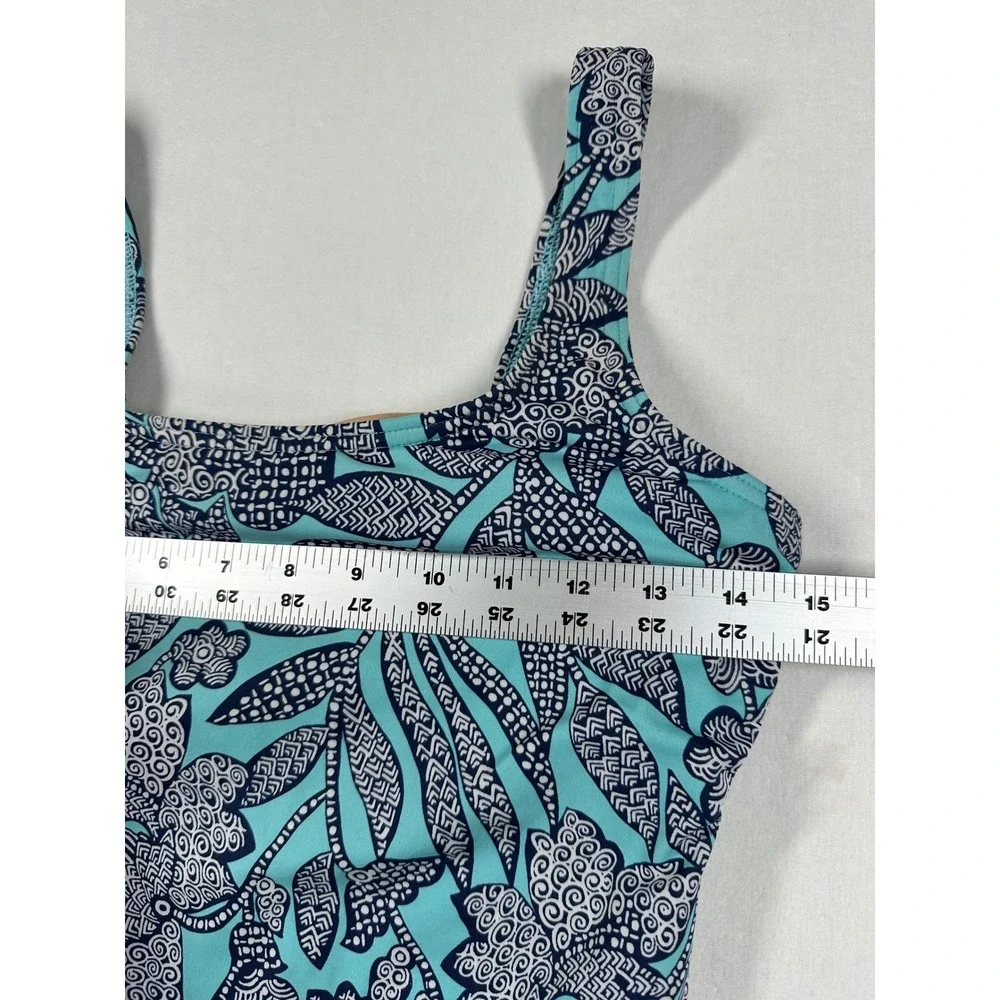Lands' End One-Piece Swimsuit 8L Blue Teal Floral Scoop‎ Tropical Coastal Beachy
